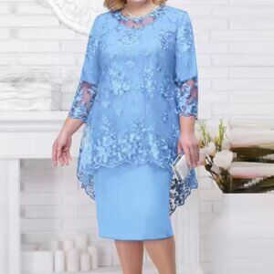 Women Plus Size 2 pcs Embroidery Floral Elegant Midi Dress, Light Blue, 2XL